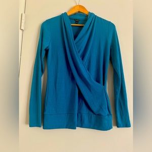 Vintage Ann Taylor aqua blue V neck draped sweater. Size Small